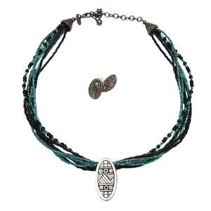 Chicos Black Teal Necklace & Earring Set Multi Strand Beaded Pendant Tribal Boho